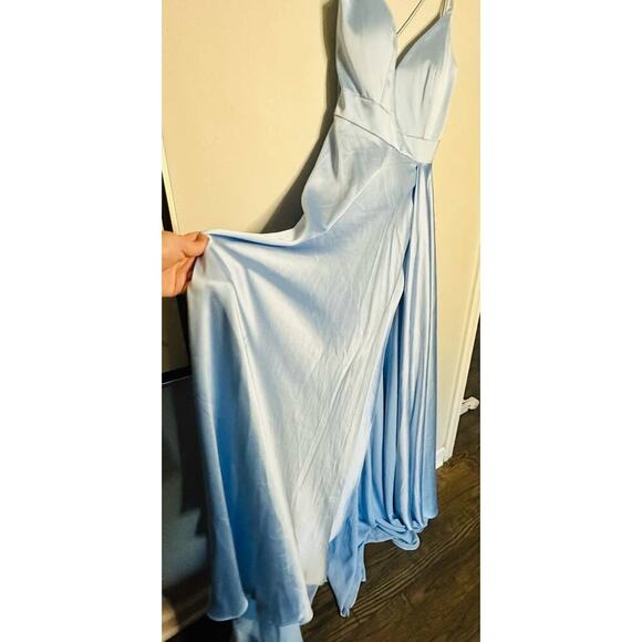 Ieena Mac Duggal Satin Strappy- Back High Slit Powder Blue Lace Up Back Gown 8 - Picture 8 of 14